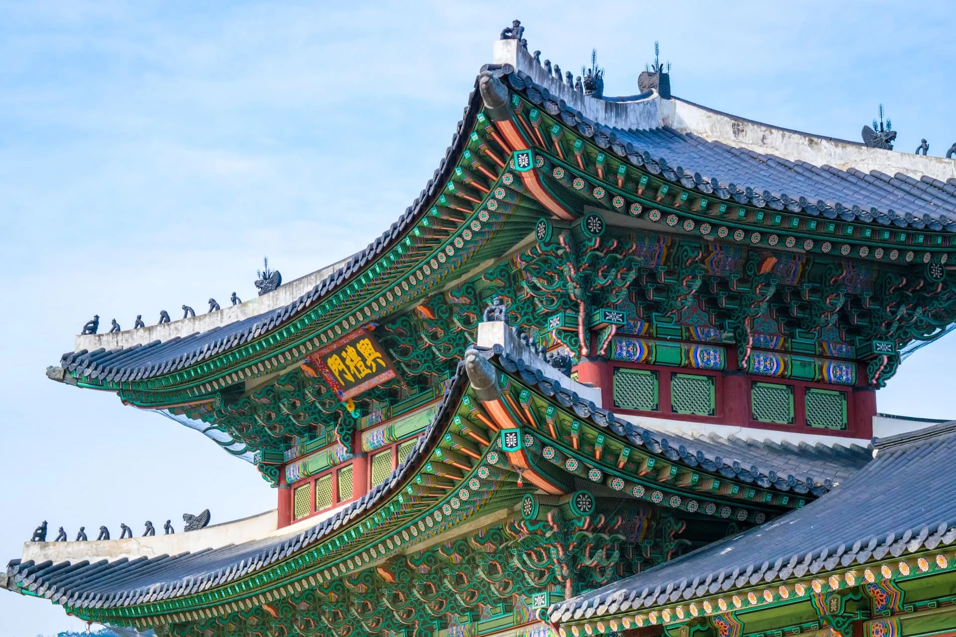 Hanok with blue sky.